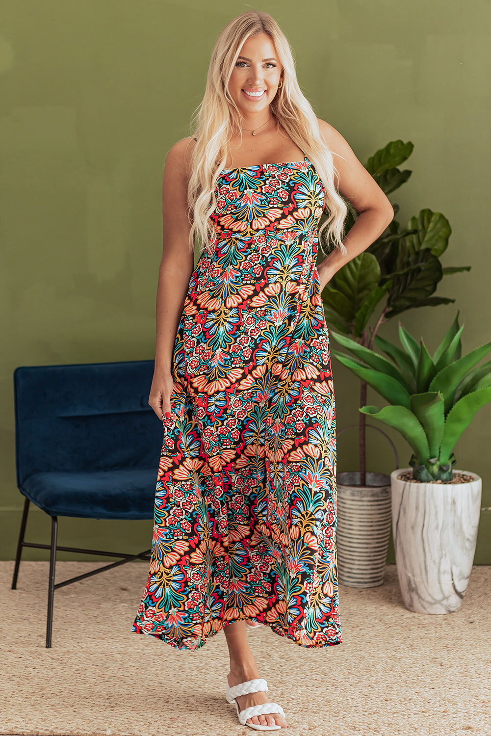 Boho Floral Print High Waist Maxi Dress