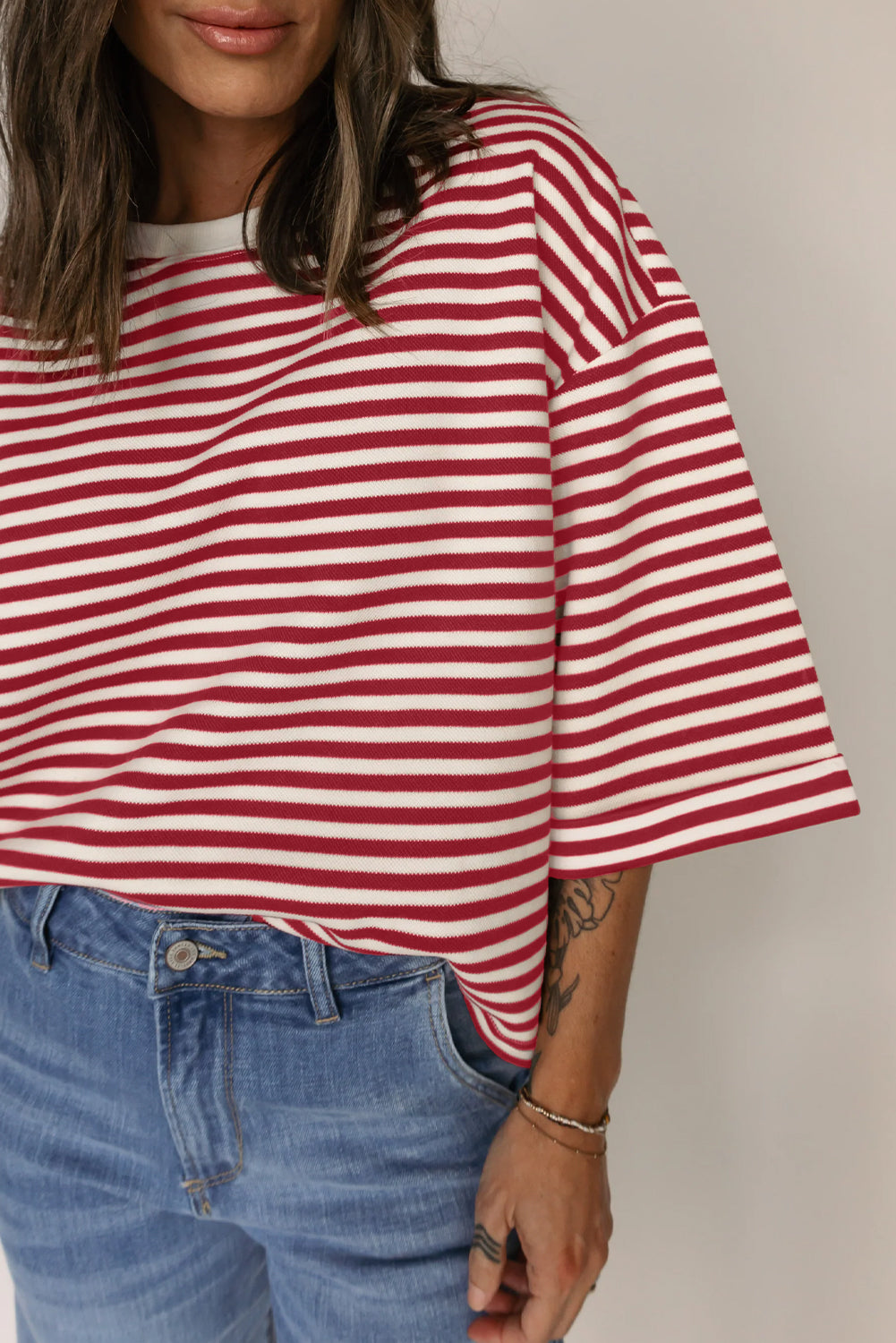 Red Stripe Bowknot Cutout Back Drop Shoulder Tee