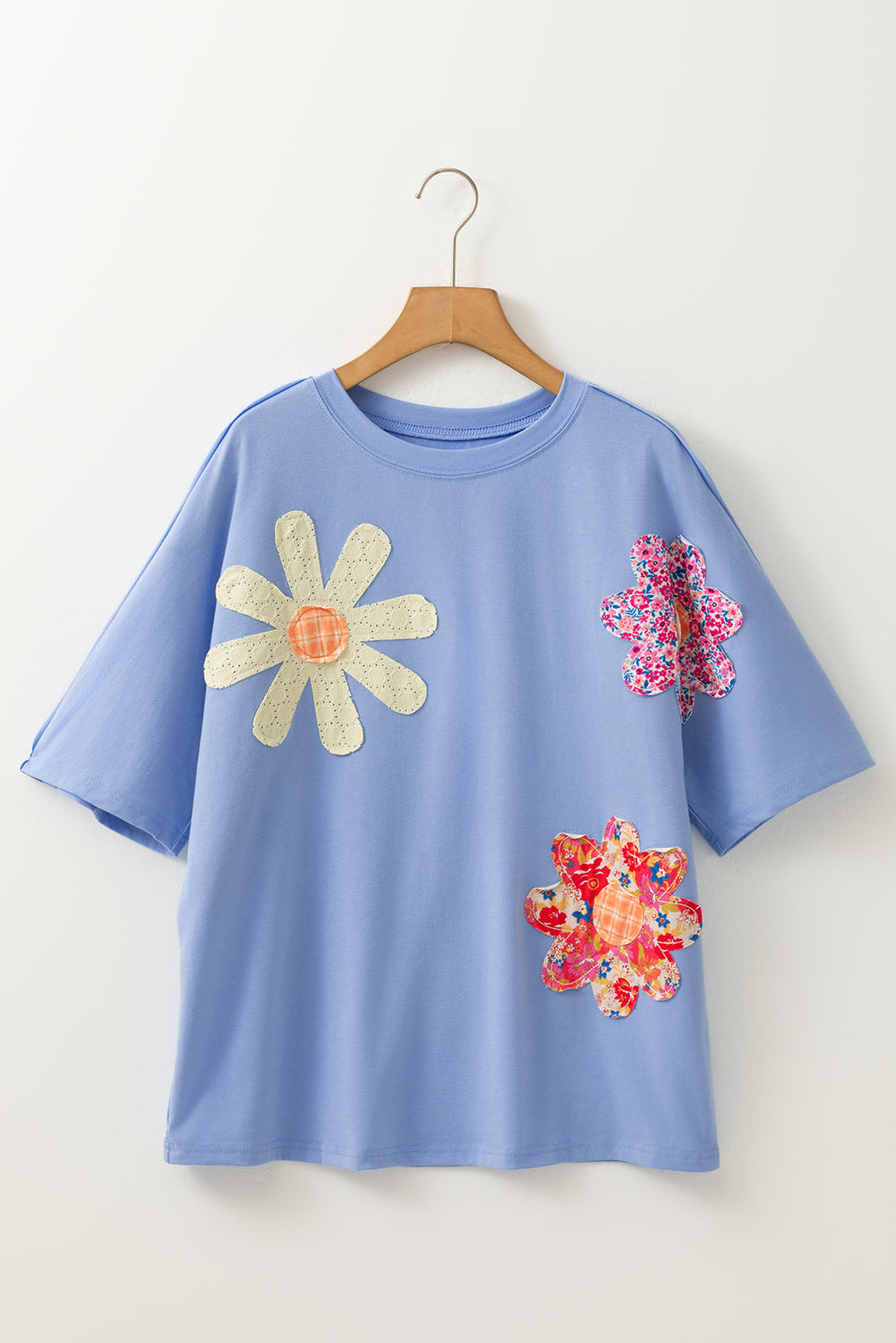 Sky Blue Flower Patched Loose Tee