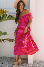 Rose Stripe Flutter Sleeve Smocked Bodice Tiered Maxi Dress