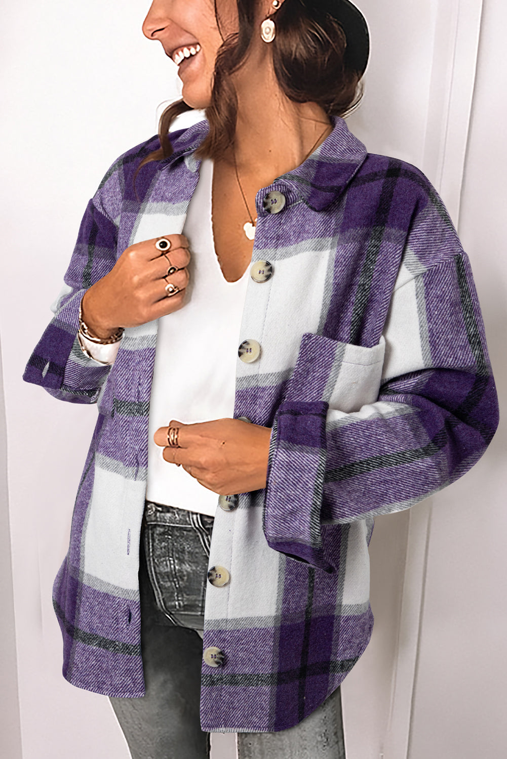 Plaid Buttoned Long Sleeve Jacket