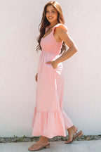 Pink V Neck Flutter Sleeve Smocked Bodice High Waist Ruffle Maxi Dress