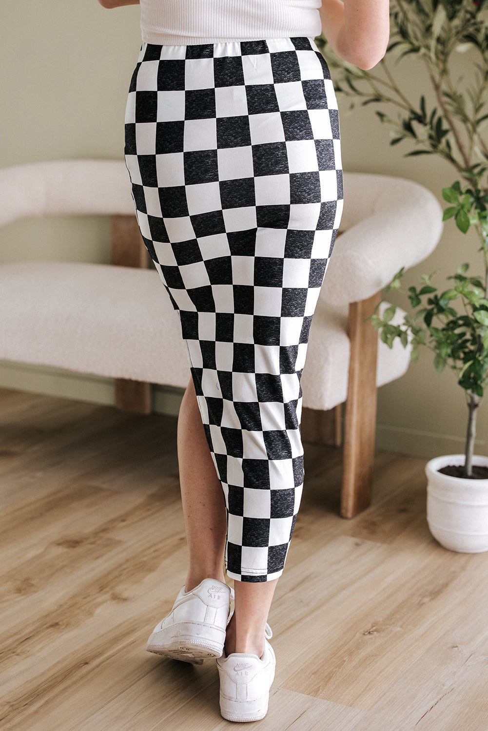 Checkered Print Side Slit Midi Skirt