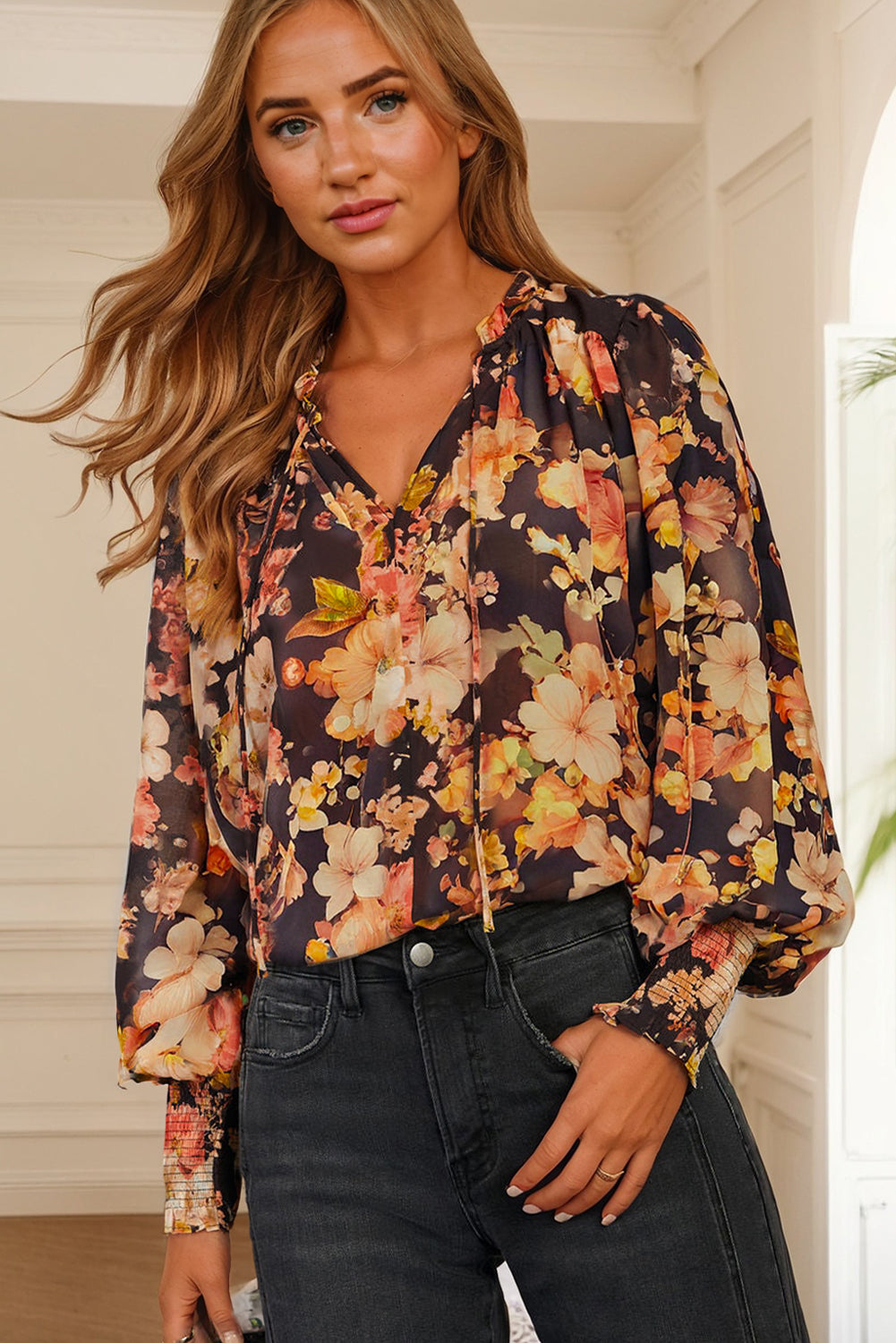 Floral Long Puff Sleeve Blouse