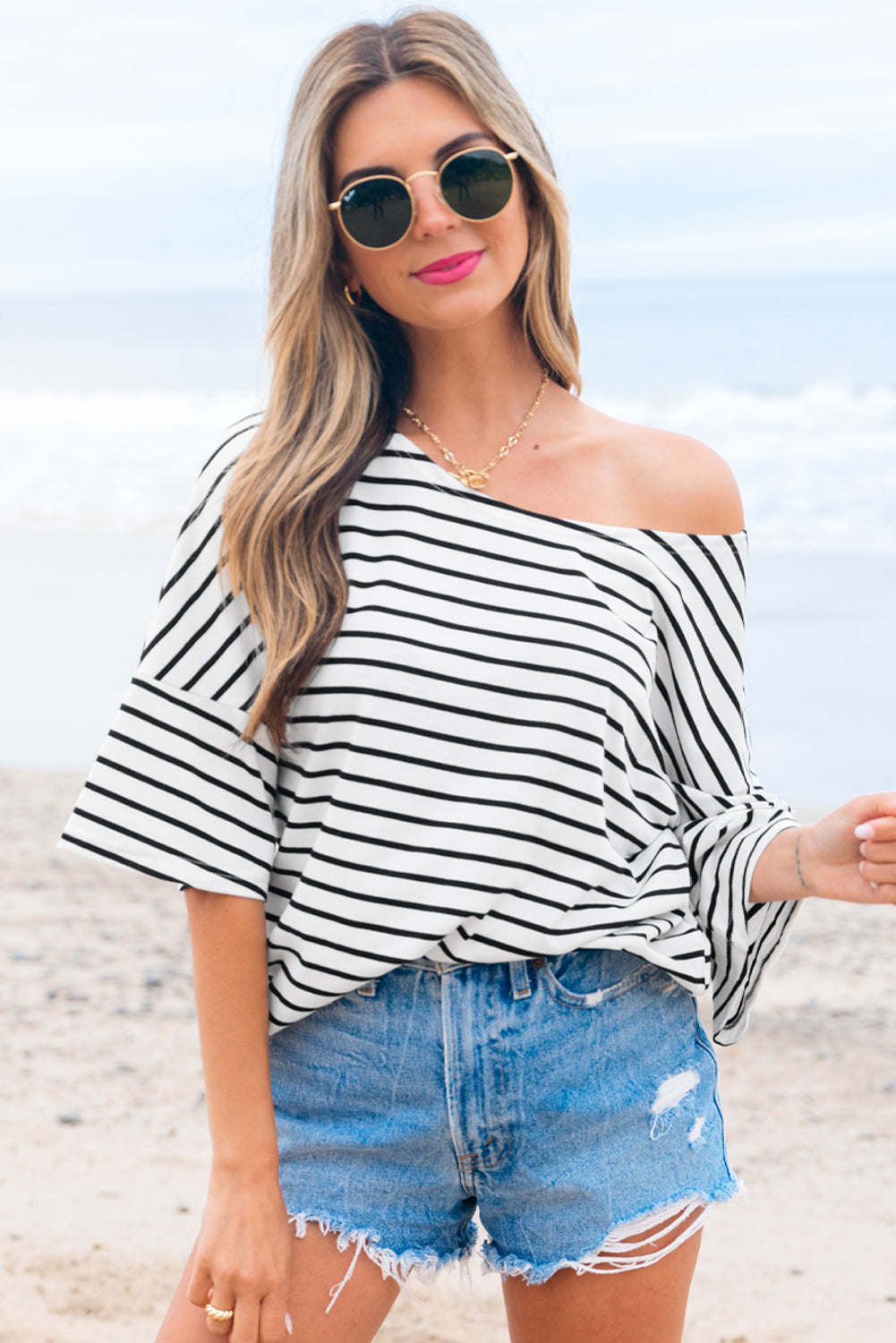 Stripe Half Sleeve Scoop Neck Top