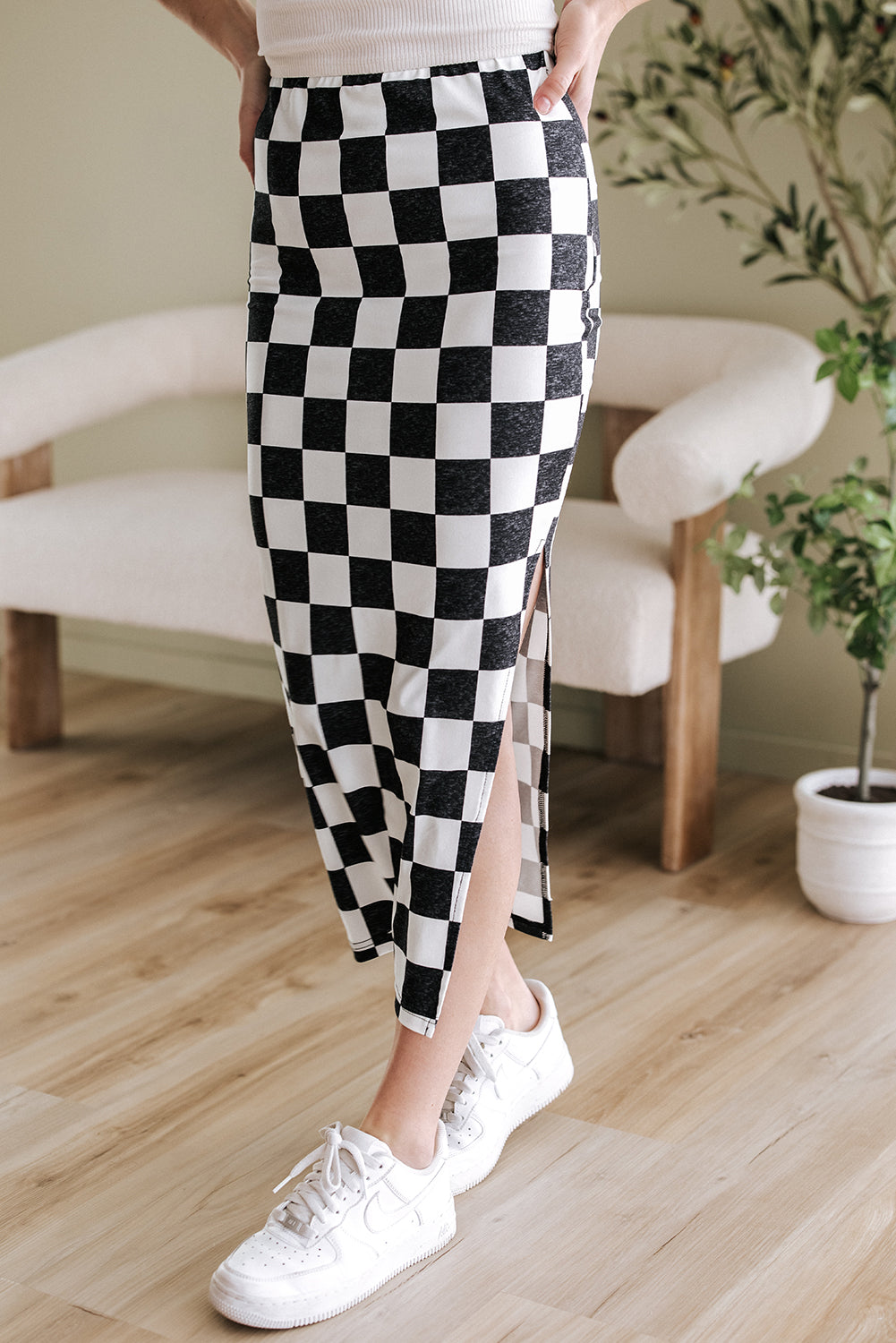 Checkered Print Side Slit Midi Skirt