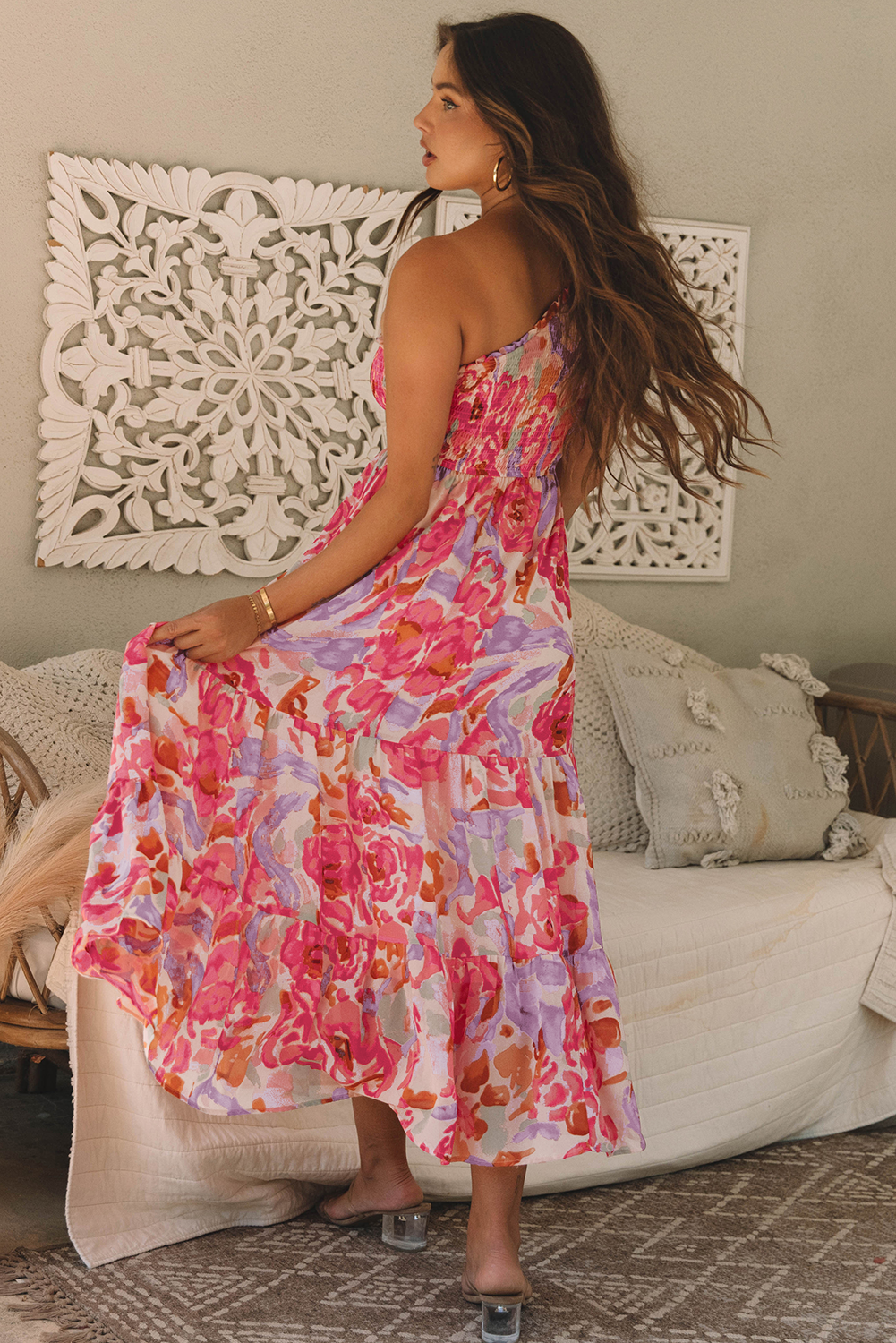 Floral Shirred One Shoulder Maxi Dress