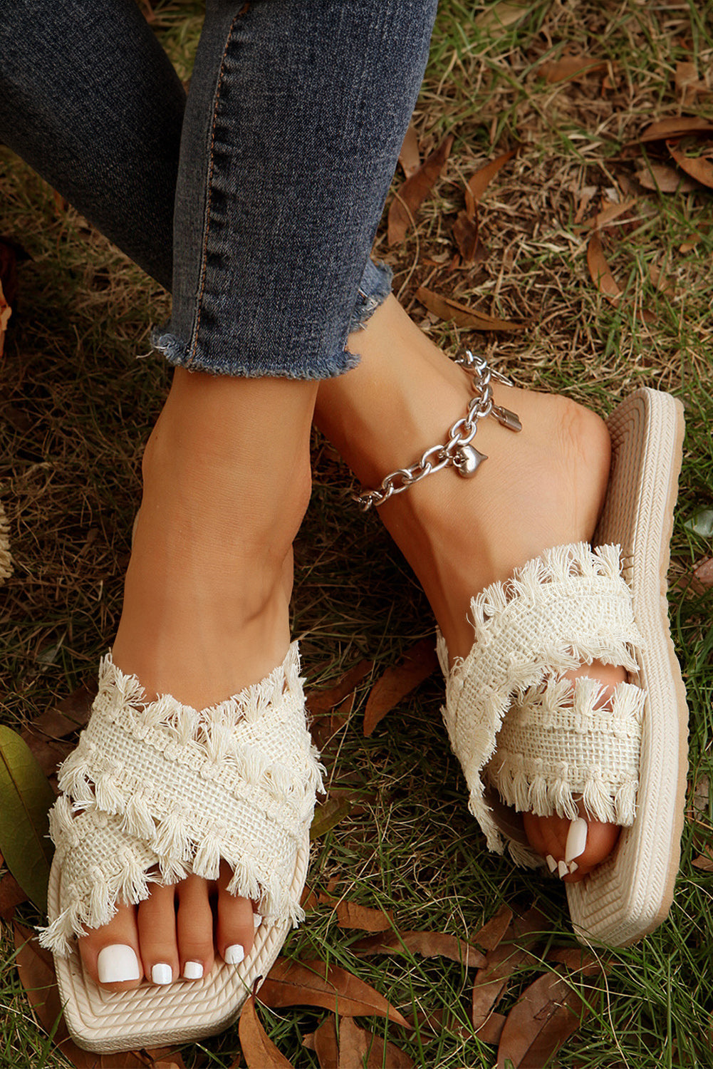 Tassel Crossed Straps Flat Slippers