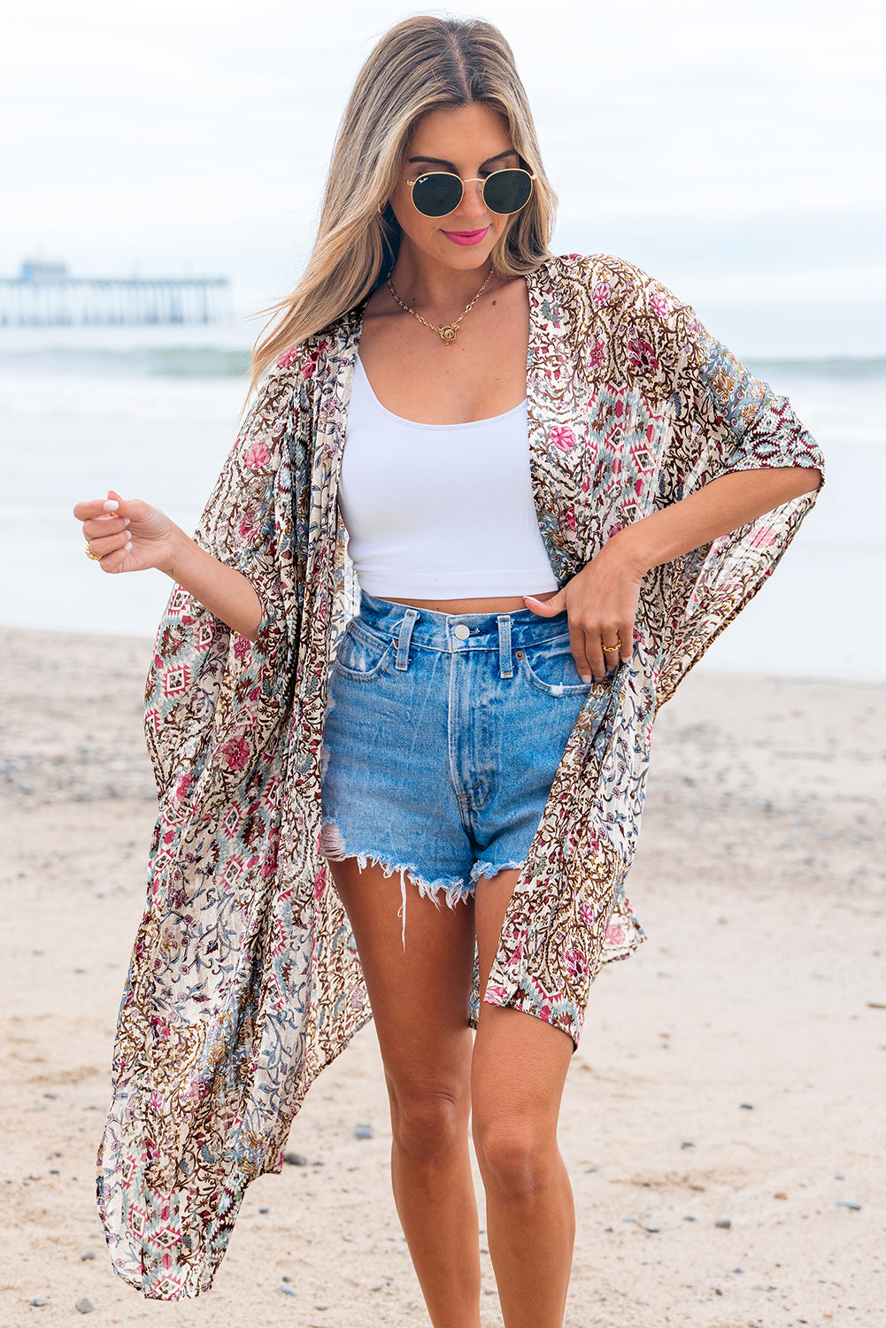 Apricot Floral Print Open Front Loose Kimono