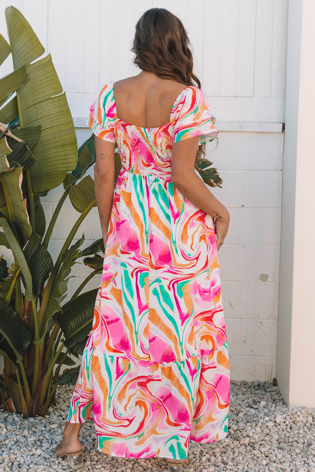 Pink Abstract Print Smocked Bust Maxi Dress