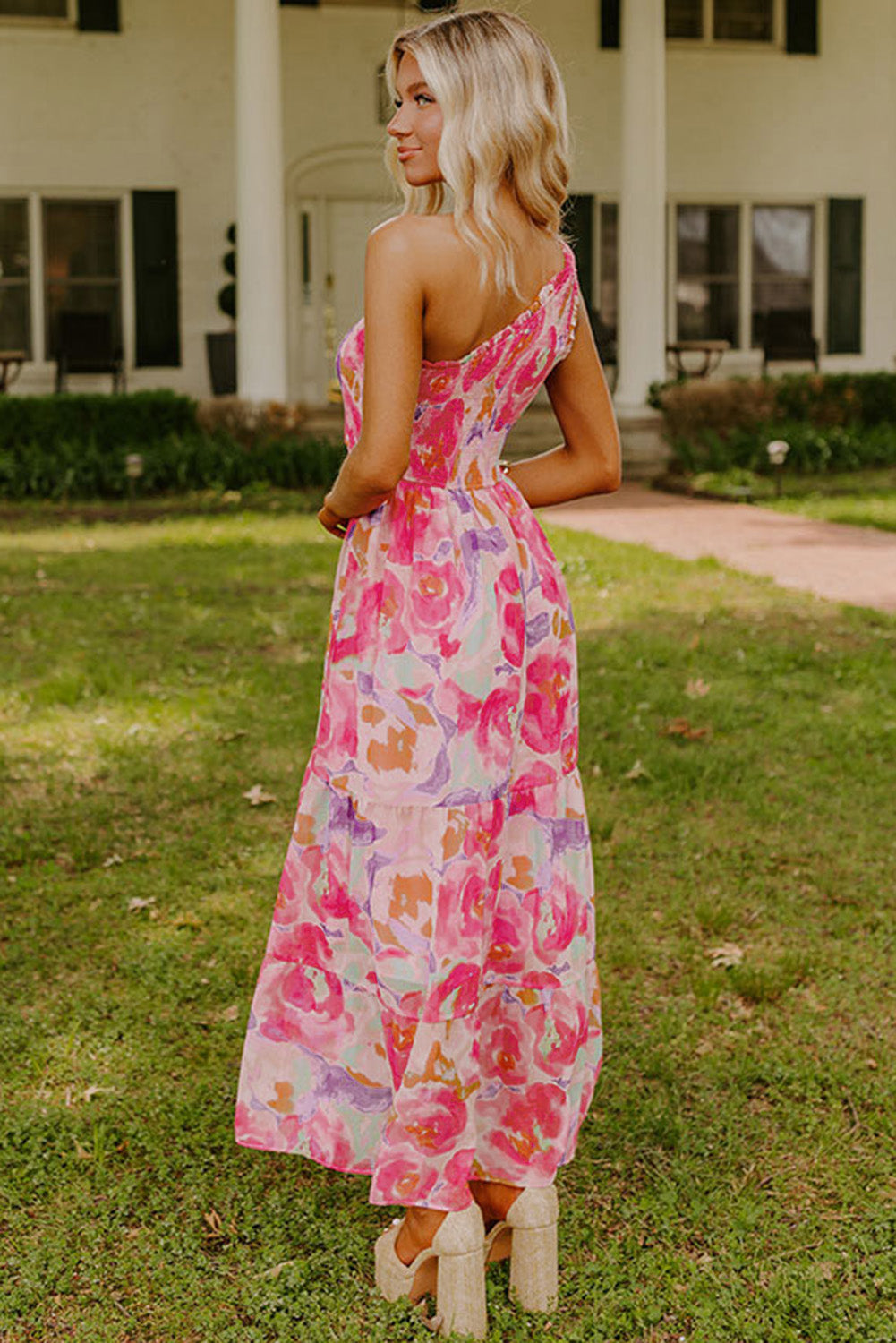 Floral Shirred One Shoulder Maxi Dress