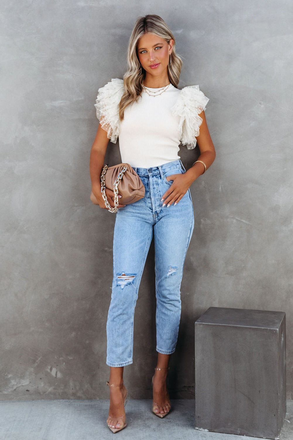 White Mesh Ruffle Sleeve Ribbed Top