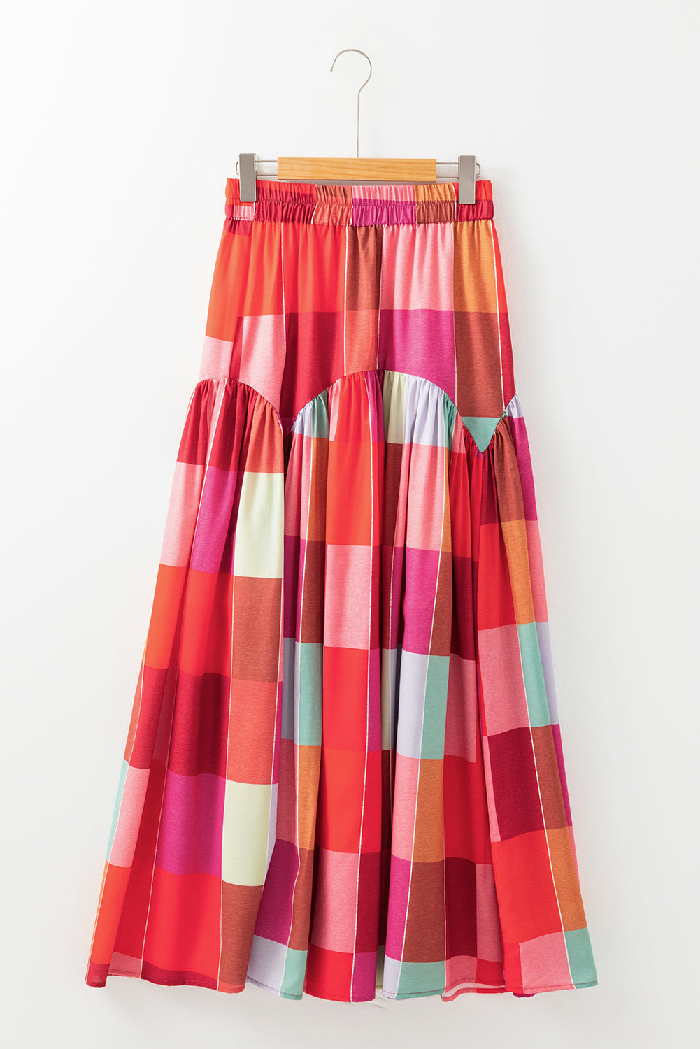 Plaid Print Ruched High Waist Maxi Skirt