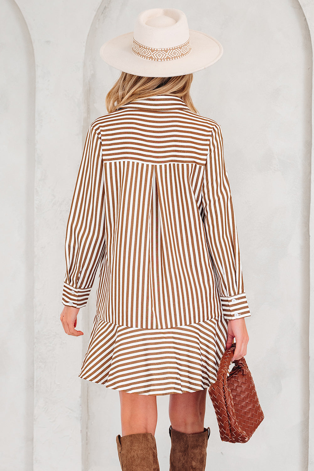 Striped Ruffled Hem Shirt Mini Dress