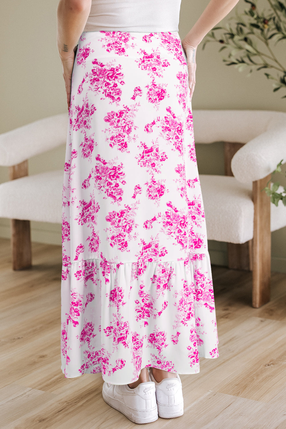 Rose Boho Ruffle Split Maxi Skirt