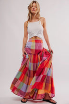 Plaid Print Ruched High Waist Maxi Skirt