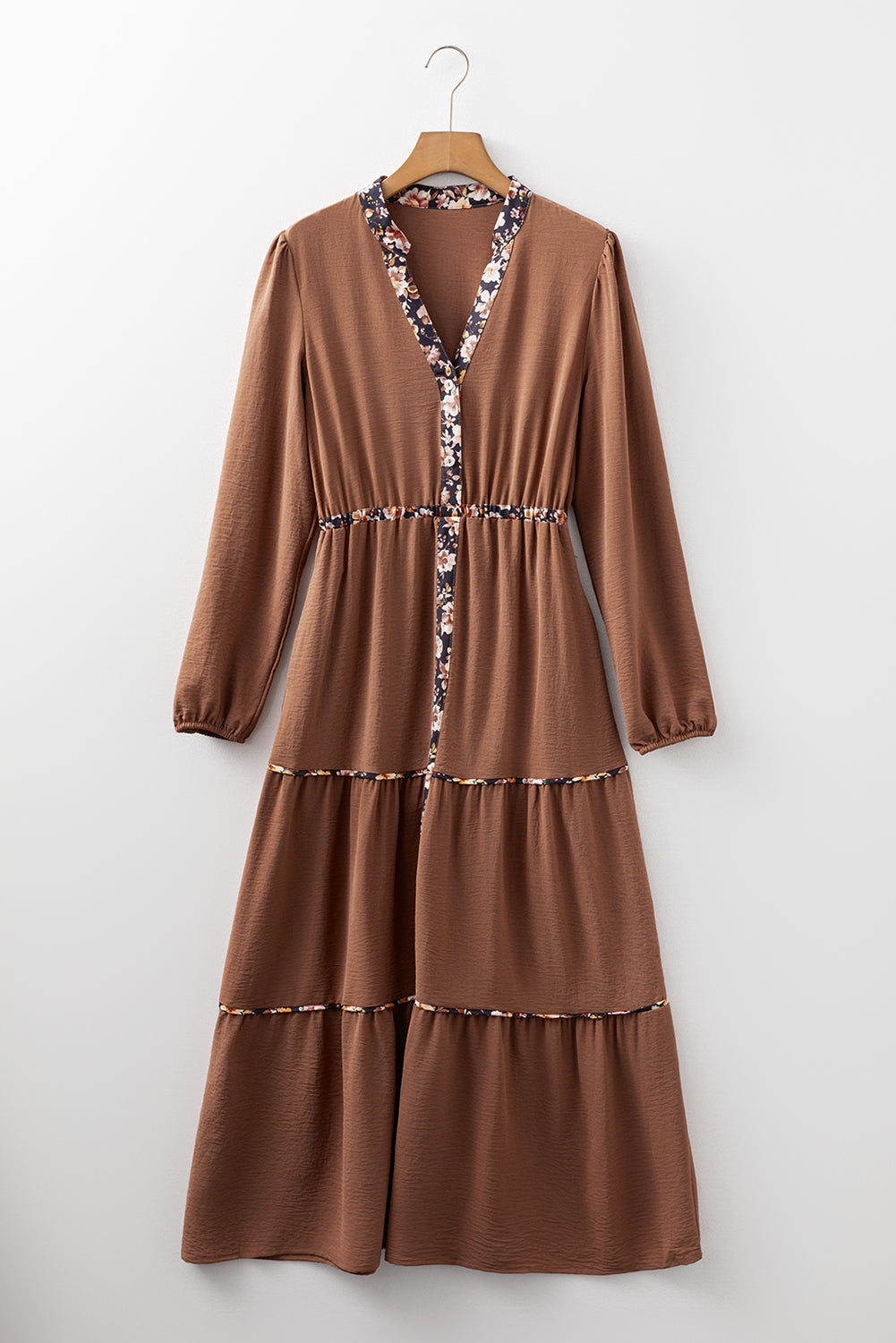 Chestnut Floral Patchwork Detail Notched Neck Long Sleeve Maxi Dress