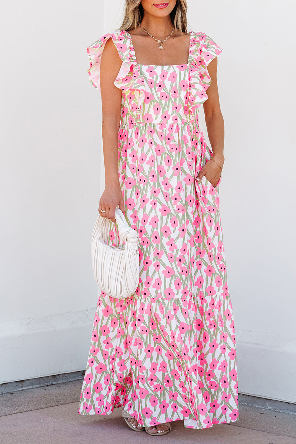 Floral Print Ruffled Strap Maxi Dress