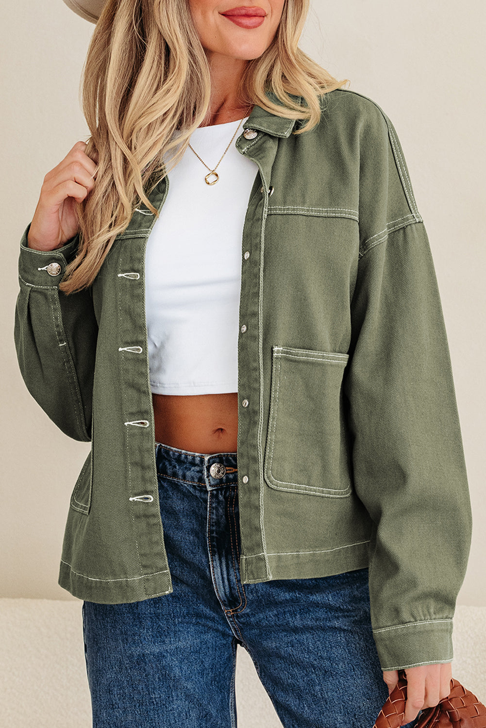 Green Collared  Boyfriend Denim Jacket