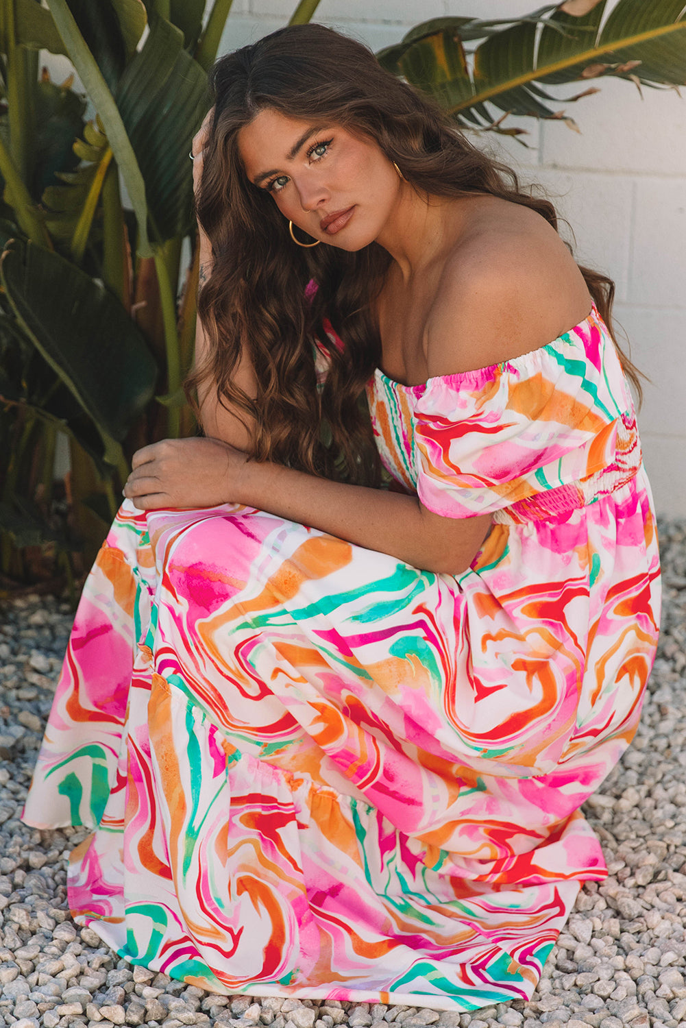 Pink Abstract Print Smocked Bust Maxi Dress