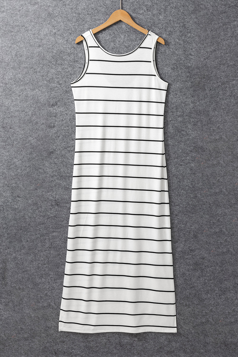 White Stripe Print Open Back Maxi Dress with Slits