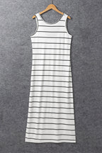 White Stripe Print Open Back Maxi Dress with Slits