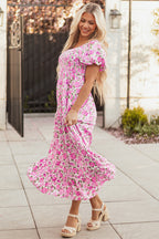 Pink Dainty Floral Smocked Puff Sleeve Flowy Long Dress
