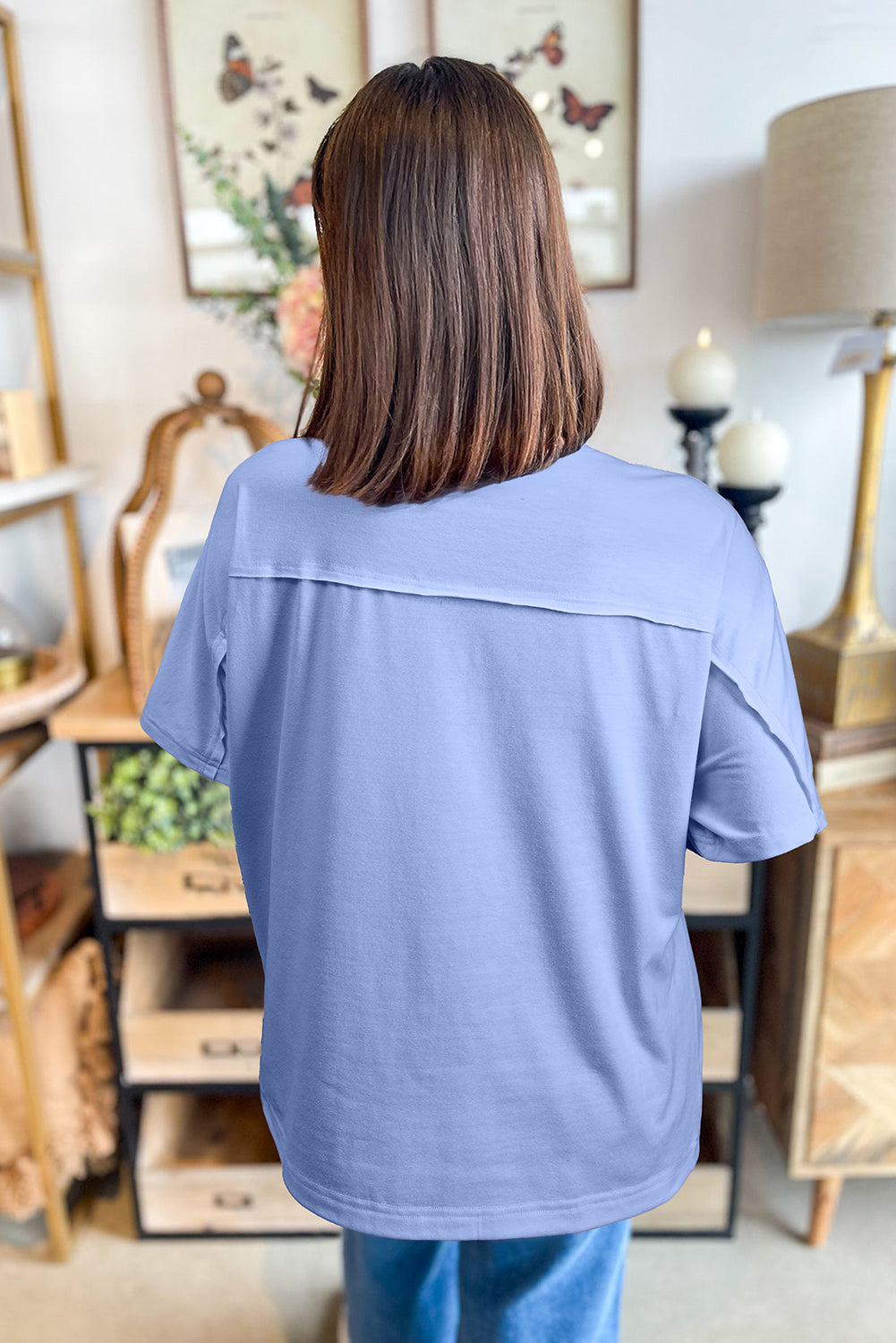 Sky Blue Flower Patched Loose Tee