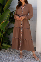 Chestnut Floral Patchwork Detail Notched Neck Long Sleeve Maxi Dress