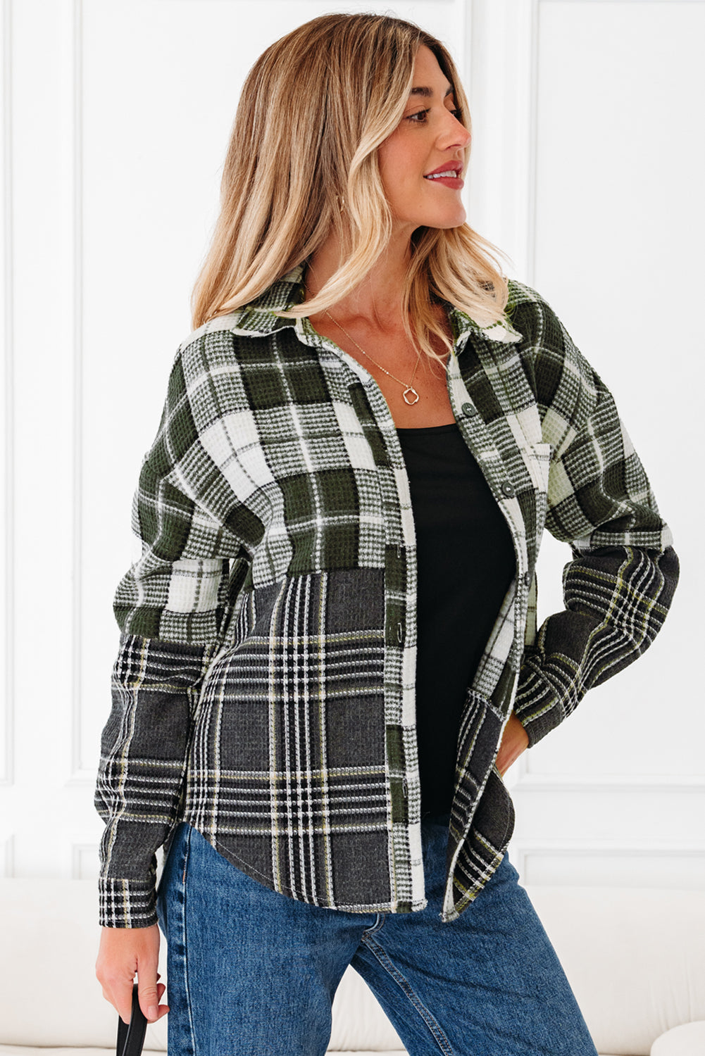 Plaid Textured Knit Buttoned Shacket