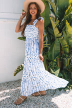 Sky Blue Floral Smocked Tied Straps A-Lined Tiered Maxi Dress