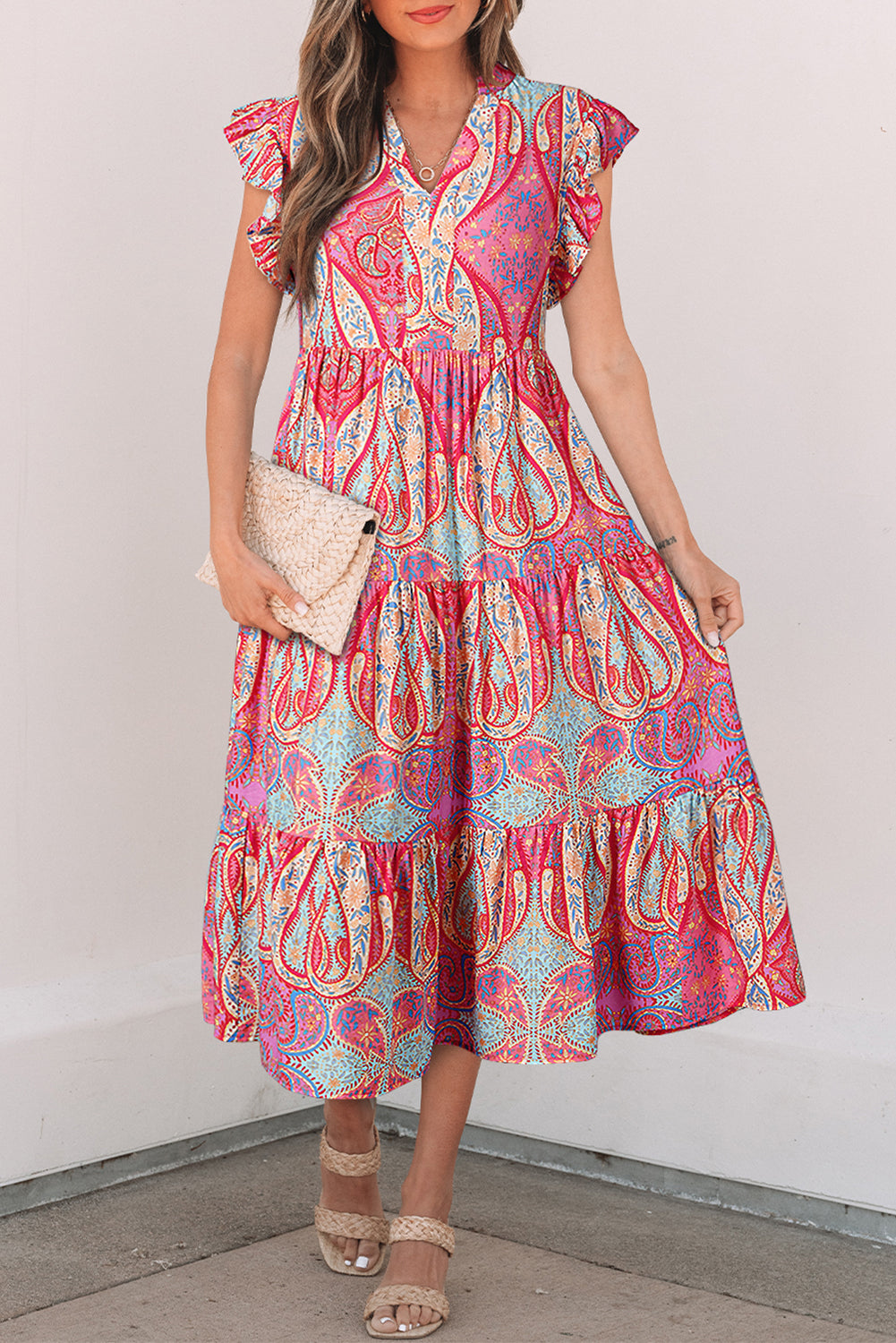 Paisley Print Ruffled Sleeve Midi Dress