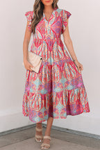 Paisley Print Ruffled Sleeve Midi Dress