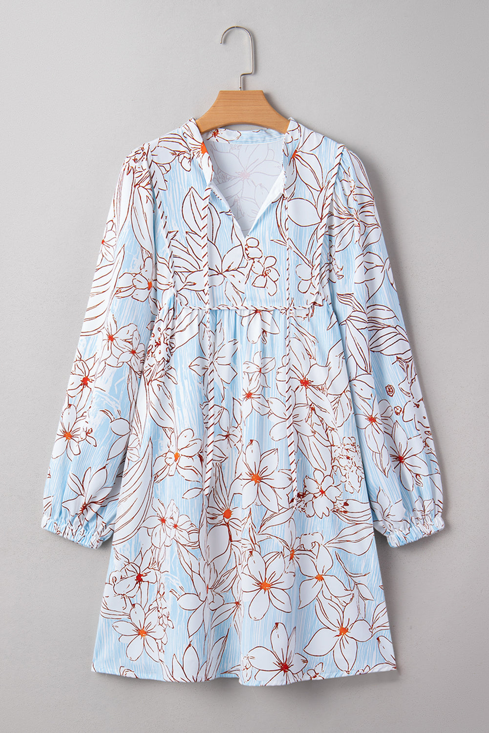 Floral Print Tie Neck 3/4 Sleeve Mini Dress