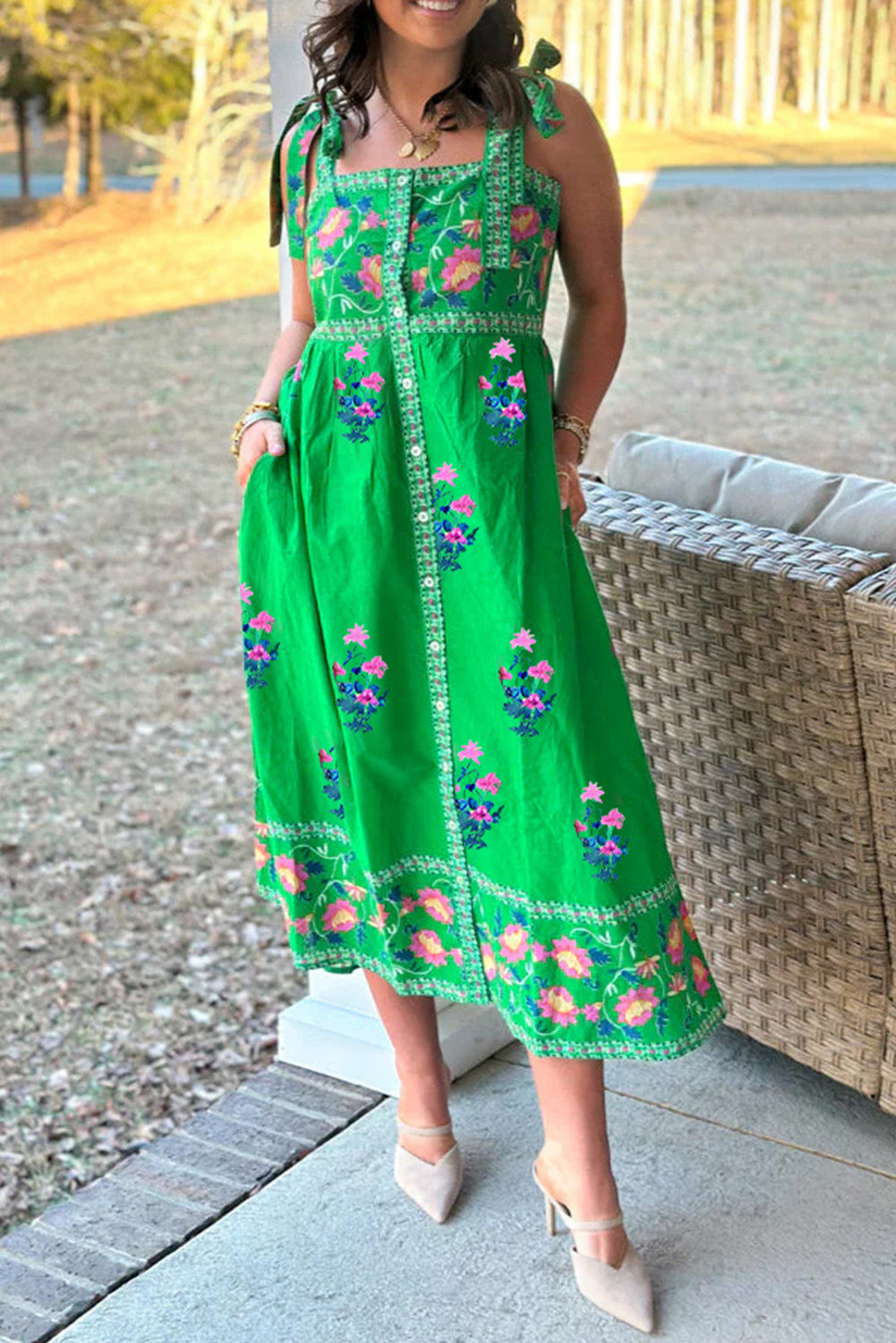 Floral Print Knotted Straps Midi Dress