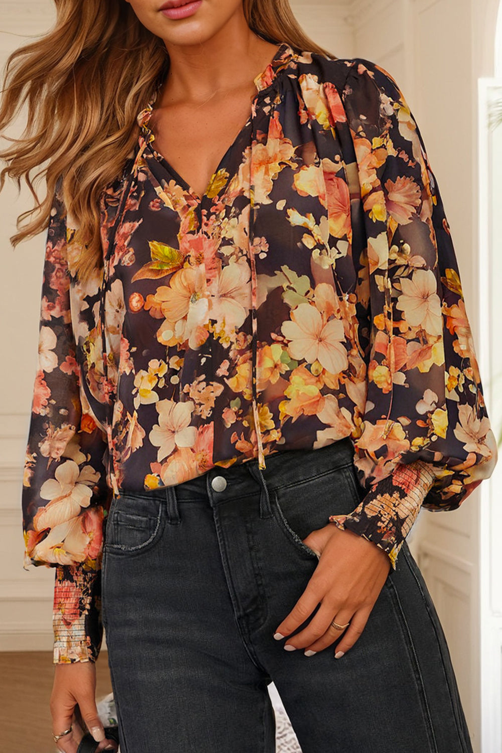Floral Long Puff Sleeve Blouse