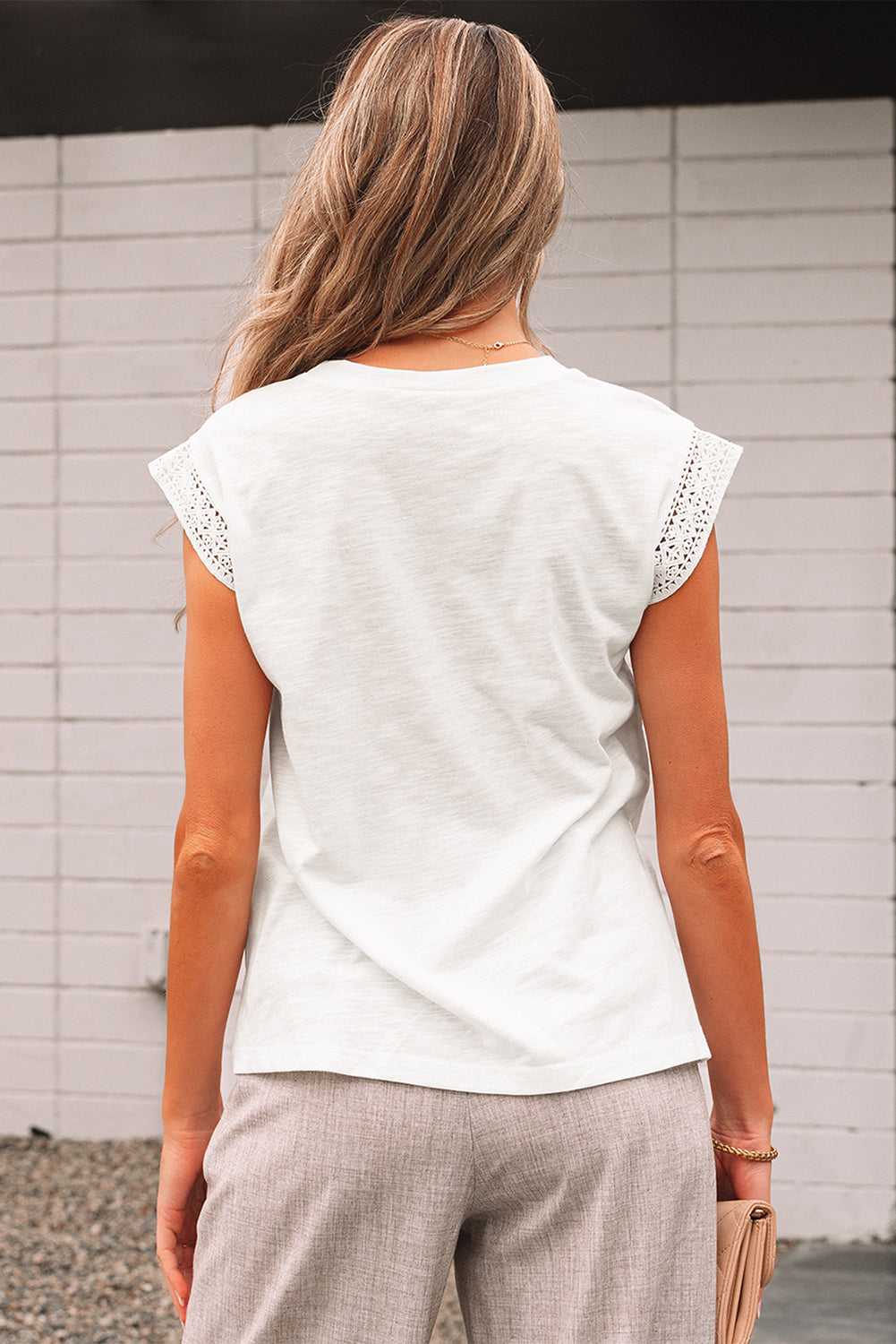 White Lace Patchwork Round Neck T Shirt