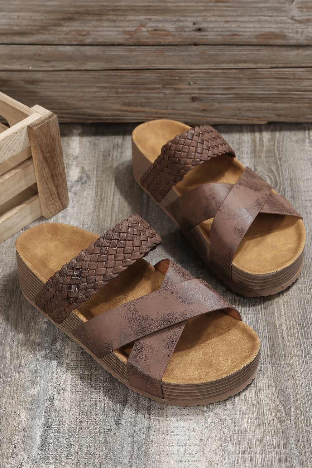 Brown Braided Criss Cross Platform Slippers