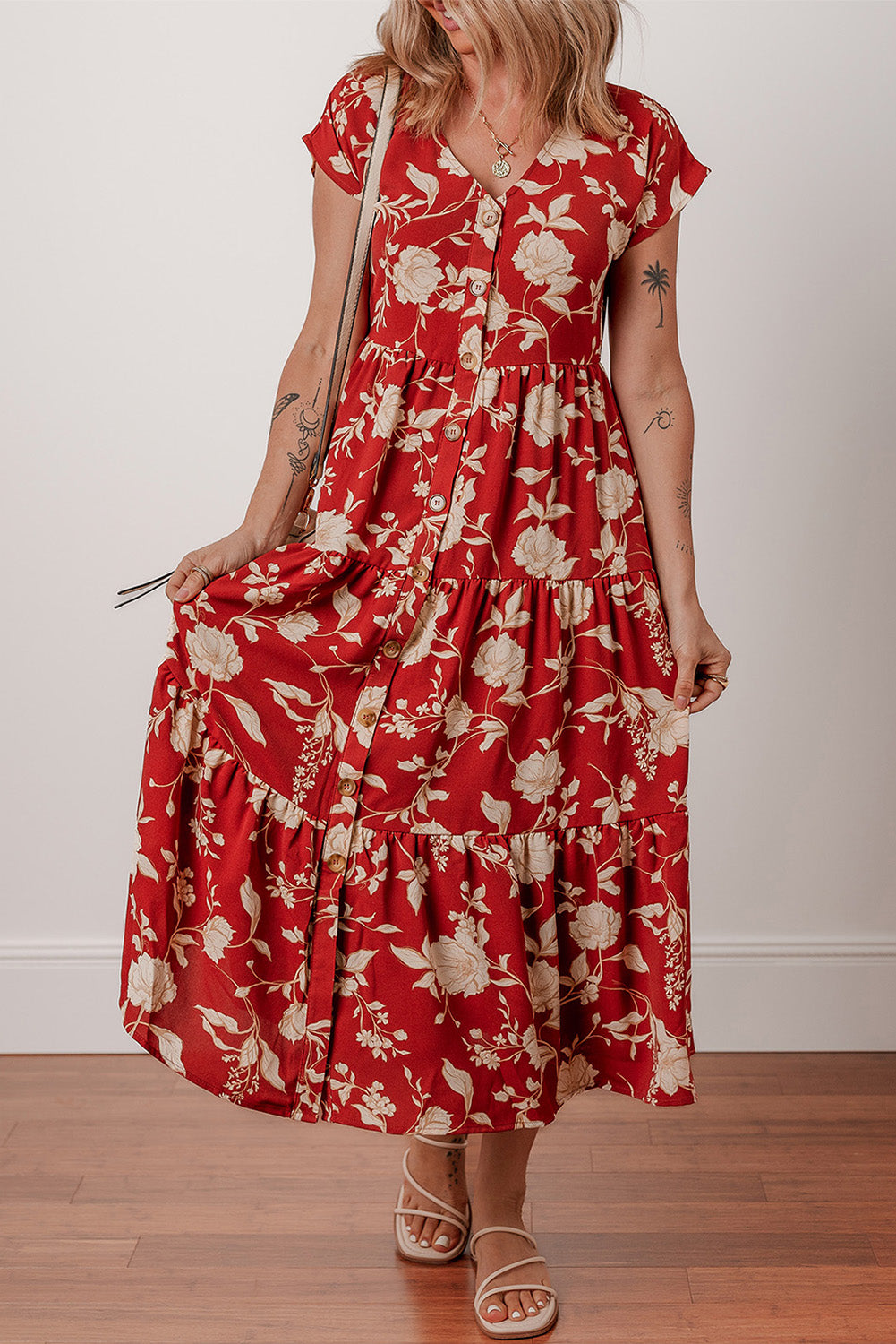Floral Print Tiered Midi Dress