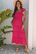 Rose Stripe Flutter Sleeve Smocked Bodice Tiered Maxi Dress