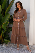 Chestnut Floral Patchwork Detail Notched Neck Long Sleeve Maxi Dress