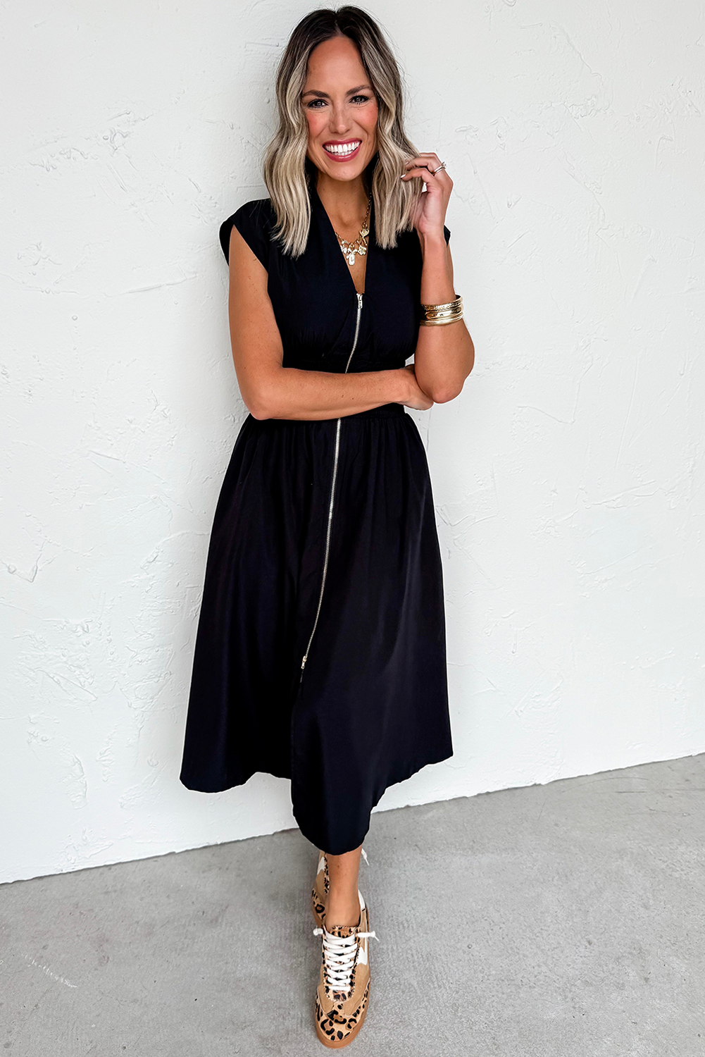 Black Zipped Front Shirred Waist Maxi Dress