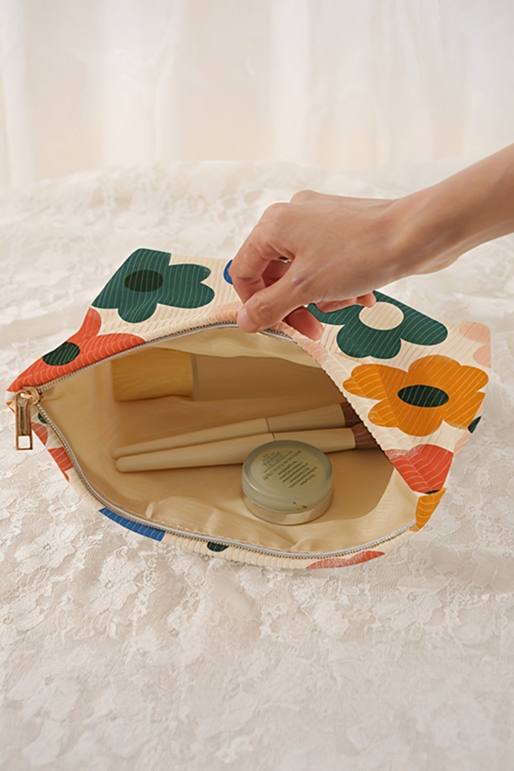 White Floral Print Corduroy Storage Bag