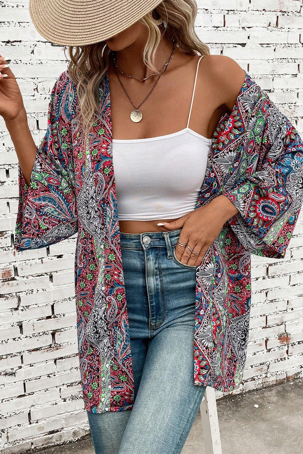 Red Paisley Print Kimono