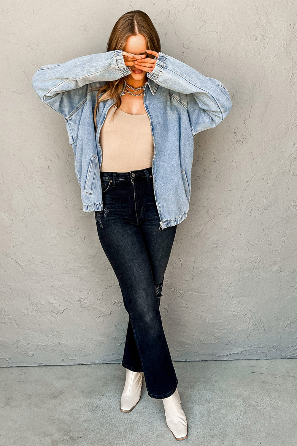 Elastic Edge Zip Up Denim Jacket